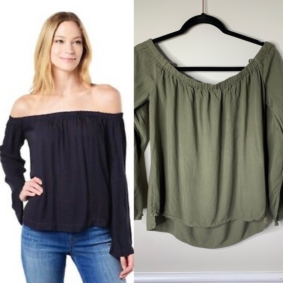 Cloth and stone off the shoulder olive green top S - Picture 1 of 7